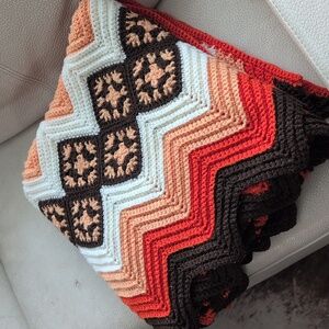 Vintage Handmade Chevron  Granny Square Crochet Blanket Cottagecore
